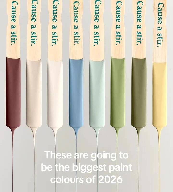 Eight paint color swatches with the text "Cause a stir." on the handles.