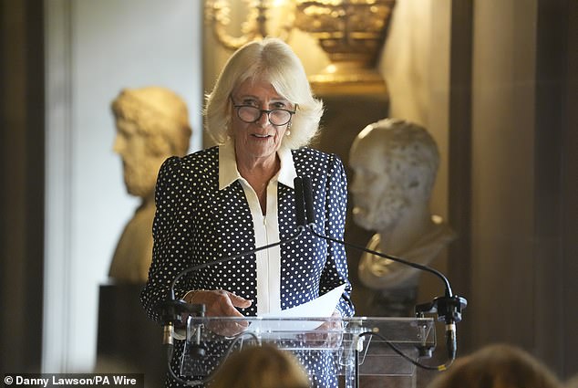Queen Camilla gives a speech during The Queen's Reading Room Festival at Chatsworth House
