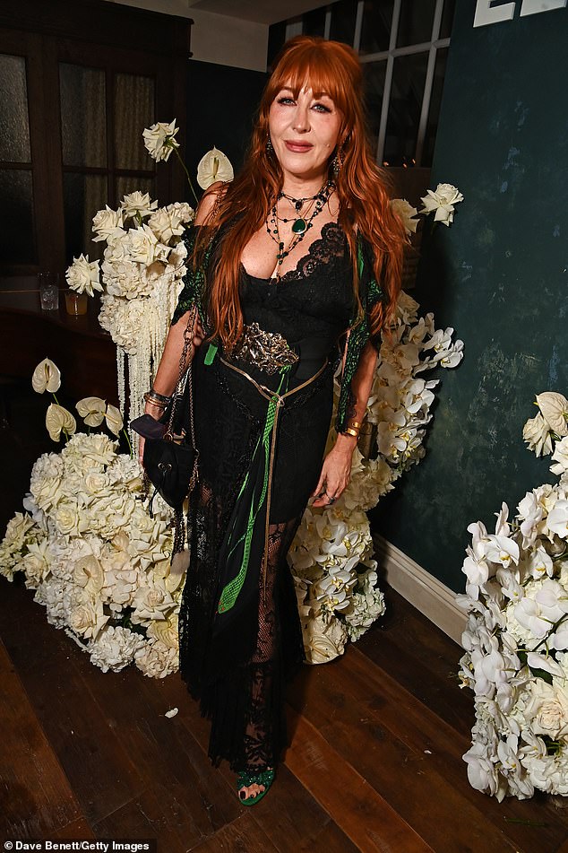Beauty entrepreneur Charlotte Tilbury donned a black dress with a plunging neckline and sheer detail along with a pair of green open toe heels