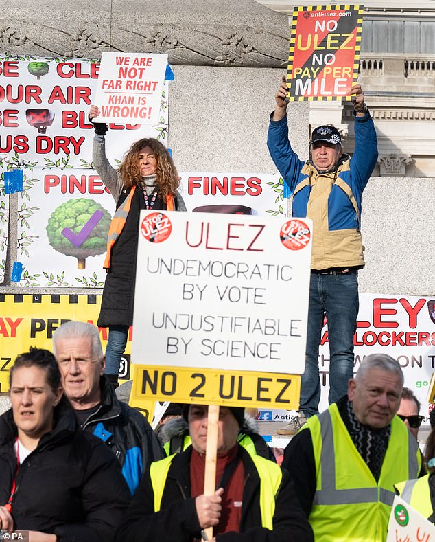 Sir Sadiq has previously drawn criticism for his approach to those who have protested ULEZ, after he said in 2023 some were 'joining hands' and 'in coalition' with far-right groups. Pictured: Anti-ULEZ protest in London in January 2024