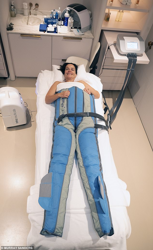 Jane in a body balance suit to improve circulation and blood flow
