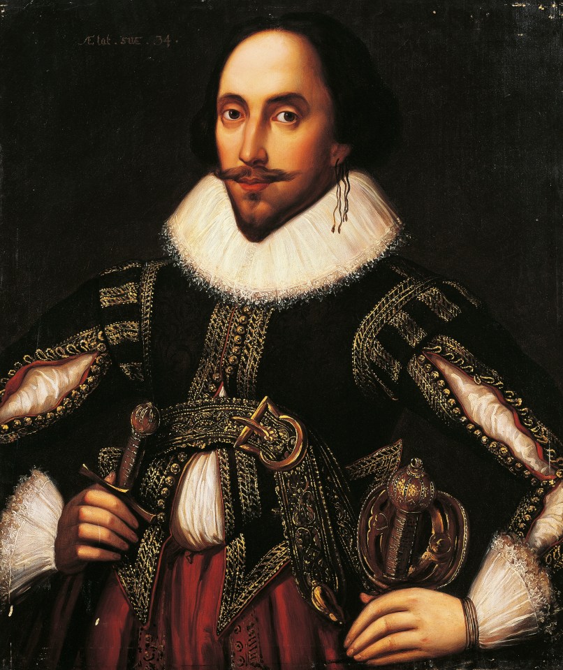 Oil painting of William Shakespeare, a playwright and poet, wearing a black and gold embroidered jacket over a red garment, with a white ruffled collar and cuffs.