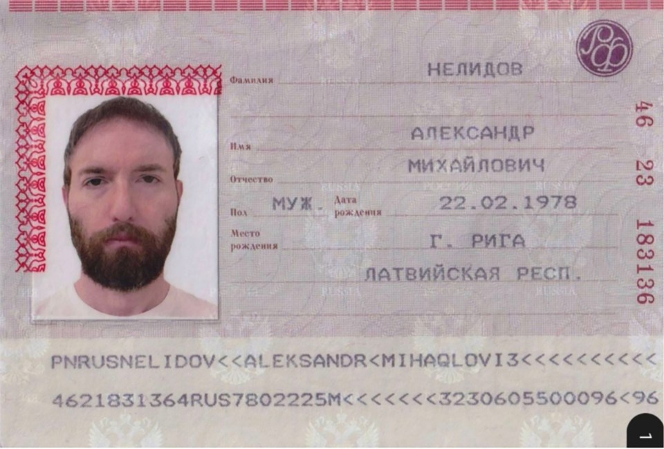 Russian identification card belonging to Alexander Nelidov, born in Riga, Latvia, on February 22, 1978.