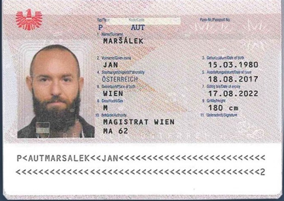 Jan Marsalek's Austrian passport, showing his photo, name, date of birth (March 15, 1980), place of birth (Wien), height (180 cm), and the passport's issue and expiry dates.