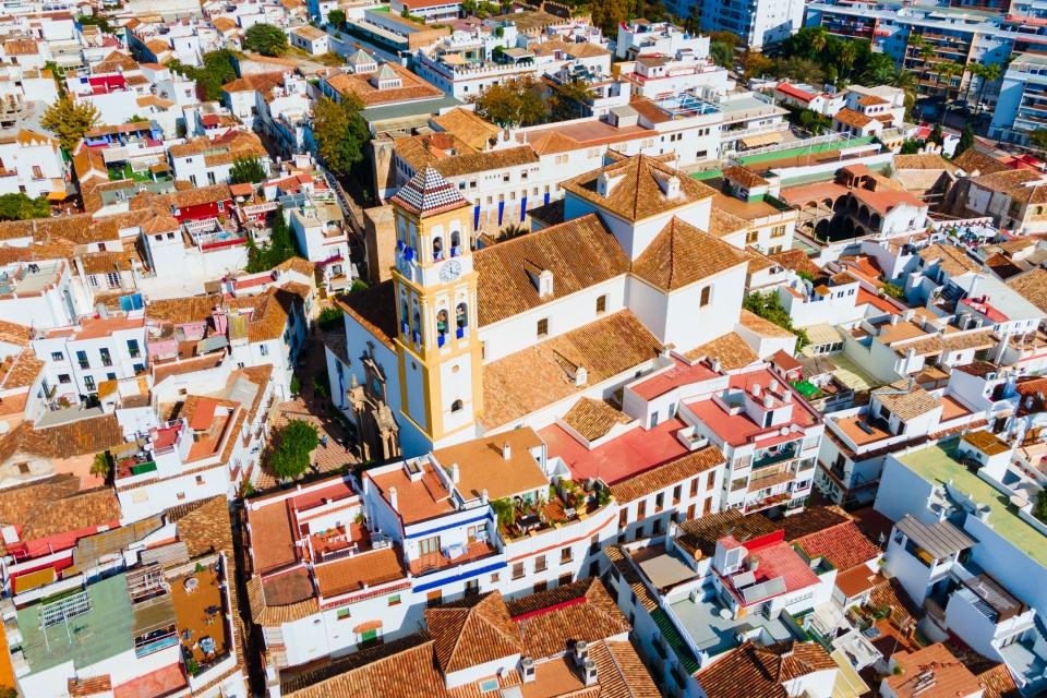 Aerial panoramic view of the Church of Our Lady of the Incarnation in Marbella, Spain.