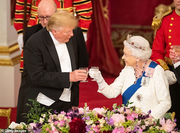 Pictured: Trump and Elizabeth II at a state banquet at Buckingham Palace during his first state visit