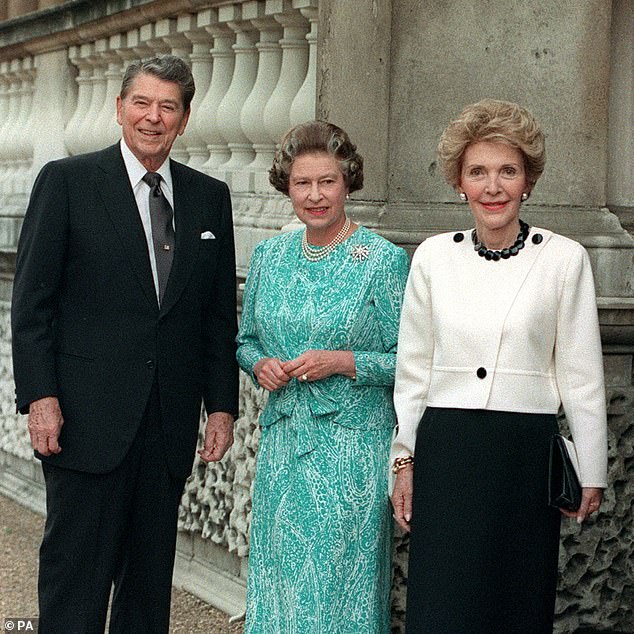 Pictured: Queen Elizabeth II with US President Ronald Reagan and his wife Nancy at Buckingham Palace in 1989