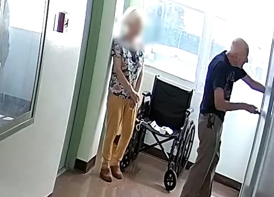 Surveillance footage of an 83-year-old resident stabbing a woman at a senior housing complex in Miami Beach.