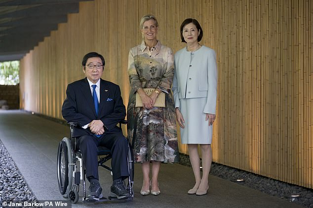 While at the museum, the Duchess (pictured, centre) also met with its head Koichi Nezu (pictured, left) and his wife Mihoko (pictured, right)