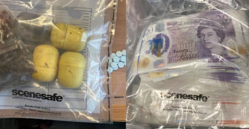 Collage of drugs found at a property, including pills, what appears to be cannabis, and British banknotes.
