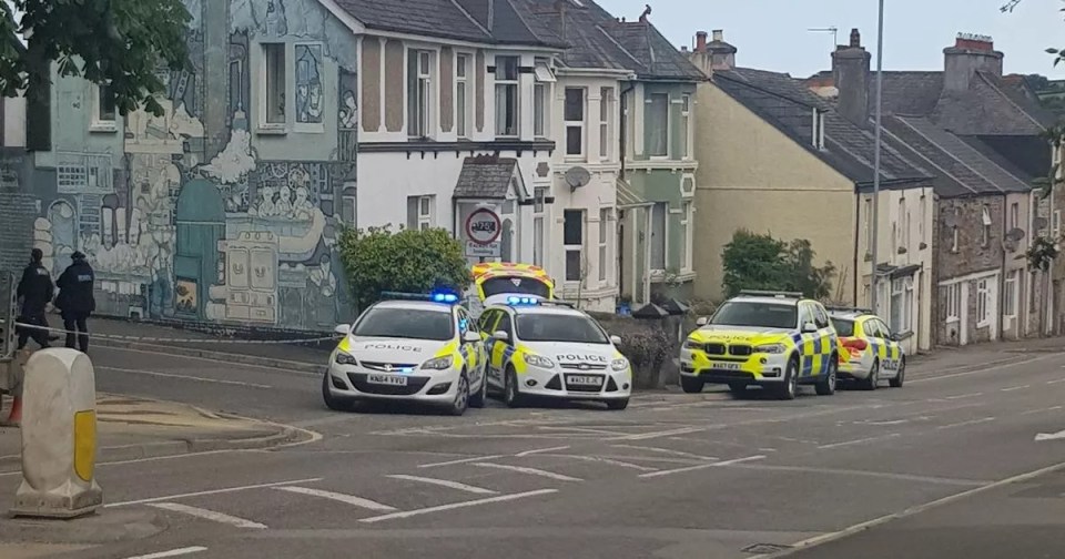 Police vehicles parked on a street in Callington during drug raids.