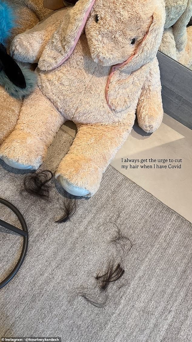 Kourtney also posted an Instagram Story showing clipped pieces of her raven hair on the floor near a stuffed animal