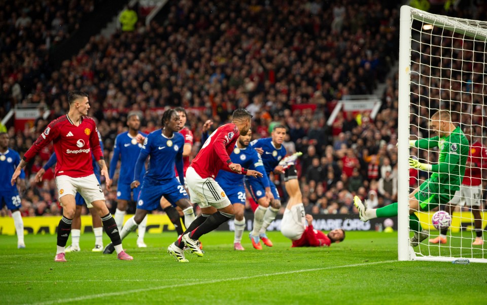Casemiro of Manchester United scores the 2-0 goal against Chelsea FC.