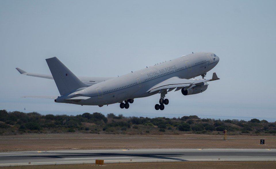 An RAF Voyager refuelling tanker takes off from RAF Akrotiri.