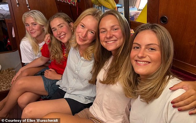 Elise Wurschmidt, Thelma Hvidsten Hem, Eva Hole Rødland, Amalie Sundnes Harjo and Lisa Strand Festervoll in their boat, the Fatuhiva, currently under repair in Germany