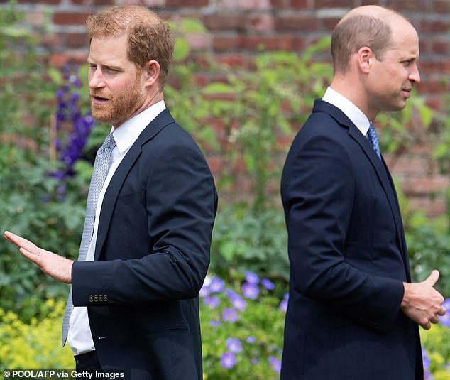 This year Harry said he knew some members of his family will 'never forgive him'. For the moment William remains firmly in that camp. Pictured: Harry and William at the unveiling of a statue of their mother Princess Diana in London in July 2021