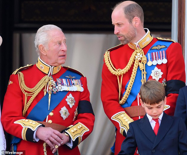 Royal biographer Tina Brown suggested that the King, who made 372 appearances last year, was 'less irritated' by Harry than he was by William (pictured with his father at Trooping the Colour 2025 in June)