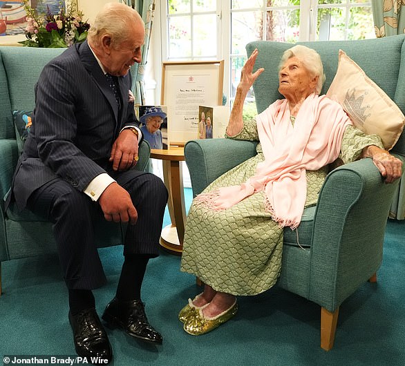 The King took a trip down memory lane as he met Ethel Caterham (pictured) to mark her 116th birthday ¿ a milestone making her the world's oldest person