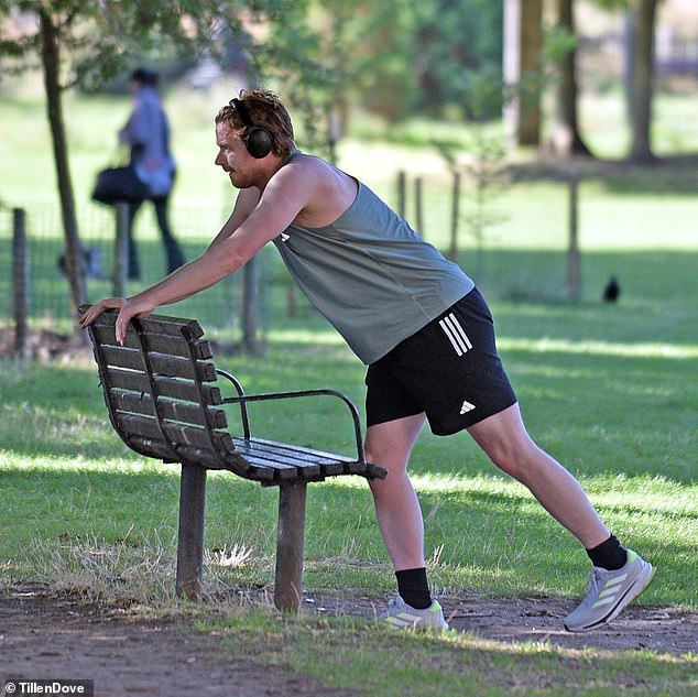 The Slow Horses star, 35, was seen enjoying a workout in a North London park this week (pictured), days after welcoming his first child with Irish actress Saoirse Ronan