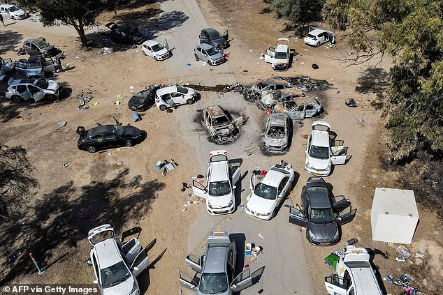On October 7, 2023, Hamas committed a massacre of 1,200 Jews. And what is now happening?The UK is about to serve a propaganda coup to Hamas. Pictured: Abandoned and torched vehicles at the site of the attacks