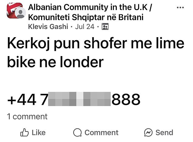 Erik posted his number to the 'Albanian Community in the UK' Facebook group in July offering to be a Lime bike deliveryman, but on contacting him, our reporters quickly realised he wanted to sell cocaine