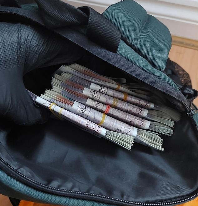 Police officers raiding the house also found a bag stuffed with cash amounting to £6,000