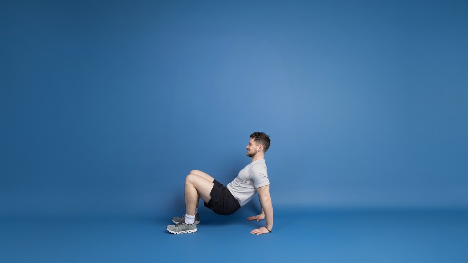 Man performing triceps dips on the floor.