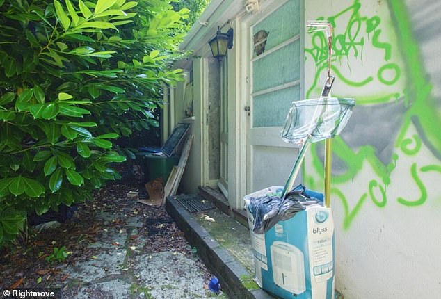 Green graffiti is scrawled over the front of the building, which has been described as a 'rare purchase opportunity'