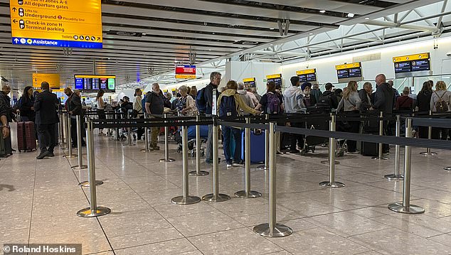 And the chaos is set to spill over into today with Heathrow urging people to check the status of their flight and arrive earlier than usual (Pictured: Terminal 4 today)