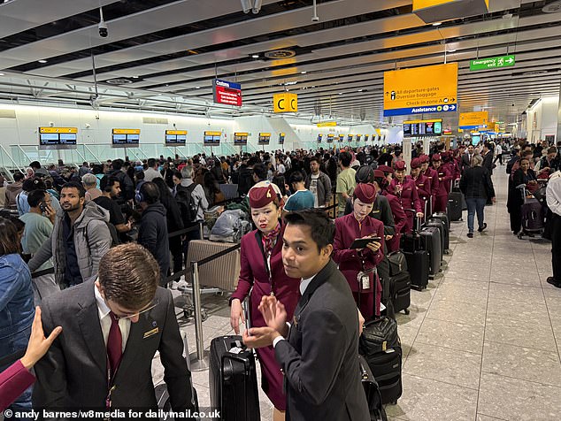 Thousands of air passengers faced chaos yesterday after hundreds of flights were delayed at Heathrow (pictured) as a suspected cyber-attack crippled its electronic check-in and boarding facilities