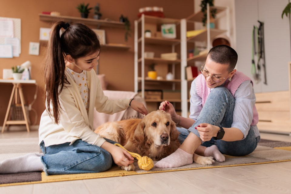 Mother and daughter petting a golden retriever in a living room.