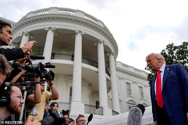 Previously, Mr Trump (pictured, speaking to the media before departing for Charlie Kirk's memorial) wrote, 'Here we go!', in a foreboding message as he reacted to Nato members shooting down the Russian drones
