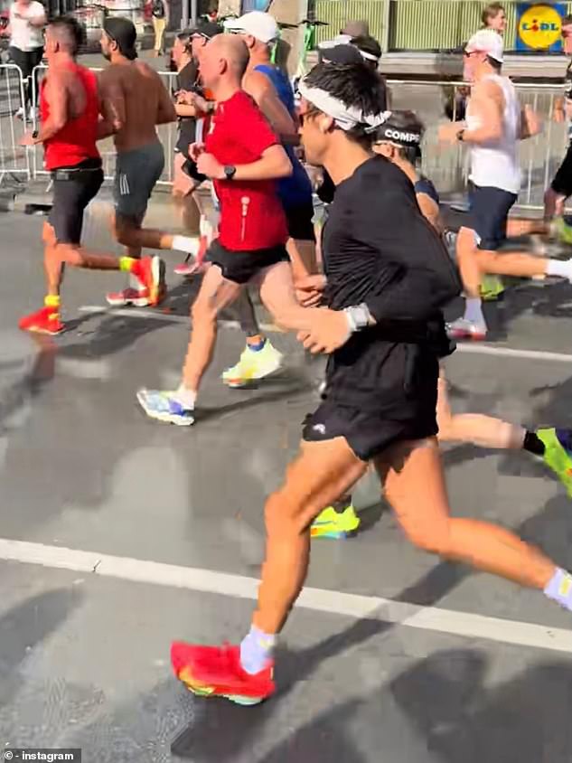 The singer, 31, impressed as he ran the distance in under three hours, gaining a personal best after crossing the line after 2:59:13 hours