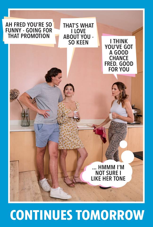 Three people in a kitchen with speech bubbles, reacting to news about Fred's promotion.