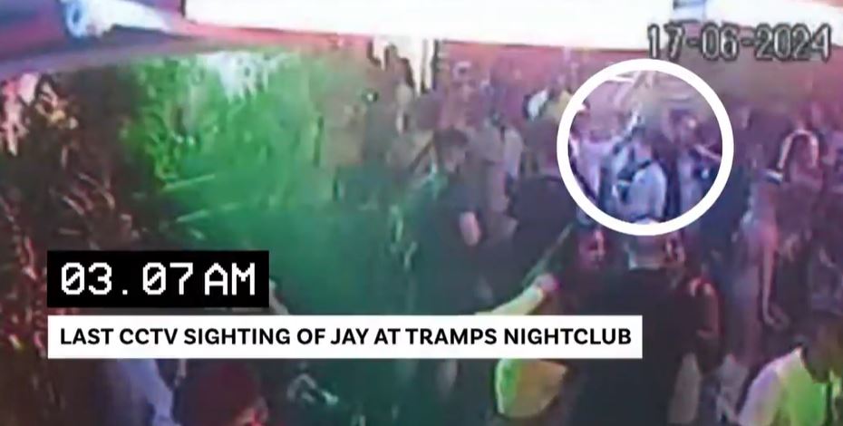 CCTV footage showing the last sighting of Jay at Tramps Nightclub.