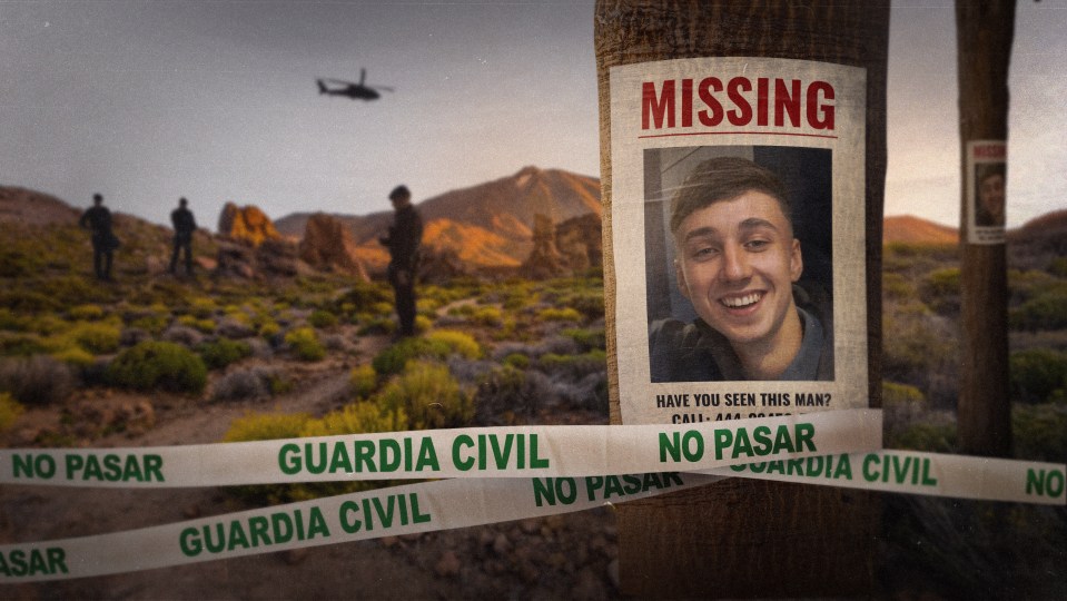 Illustration of a missing person poster on a tree in a desert landscape with "GUARDIA CIVIL" tape and a helicopter.