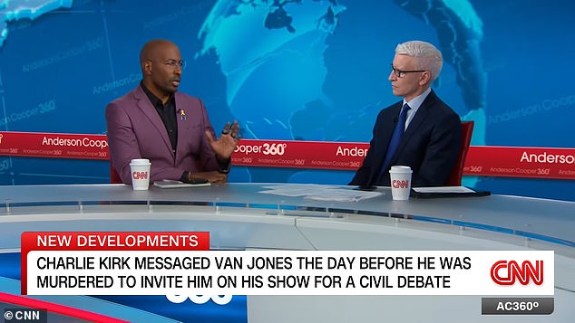 Jones said he decided to share Kirk's message so it 'might help somebody, on both sides, deal with issues more like he did'. He also penned a similar account on Substack. He's seen here speaking about the message with costar Anderson Cooper on A360°
