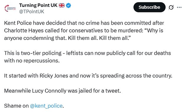 After footage of the video was widely shared on social media, the organisation that Mr Kirk founded, Turning Point USA, posted on Twitter/X to condemn them. It has also been critical of the police's decision not to prosecute