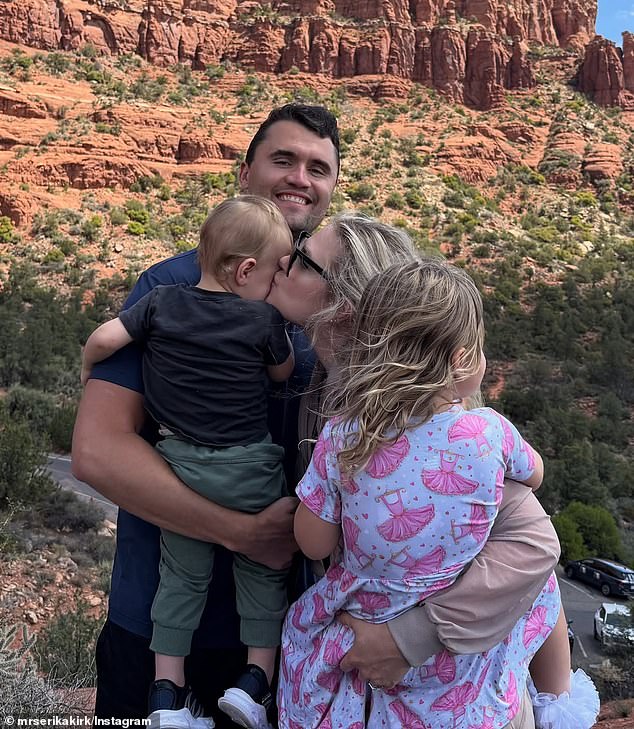 Erika was not with her husband when he was shot as she had to be with her mother who was undergoing medical treatment. The pair share two children together (pictured)