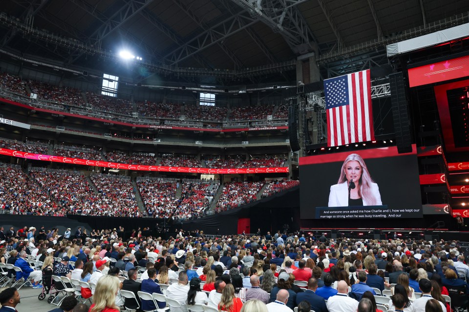 Erika Kirk speaking at the memorial service for her husband, Charlie Kirk, at State Farm Stadium.