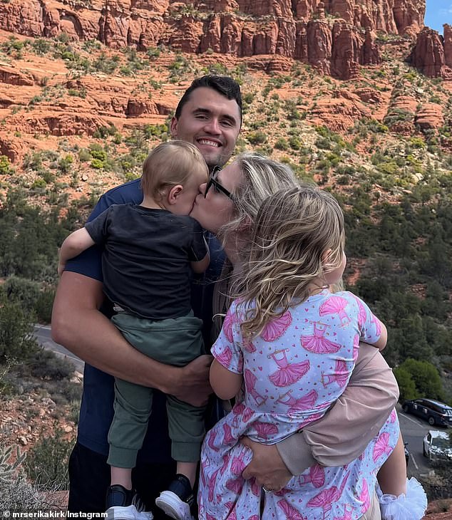 Erika was not with her husband when he was shot as she had to be with her mother who was undergoing medical treatment. The pair share two children together (pictured)