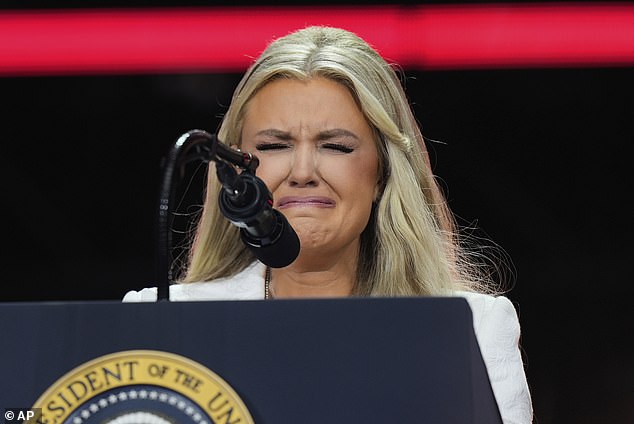 Erika Kirk spoke through tears and had the crowd of mourners on their feet with her poignant speech