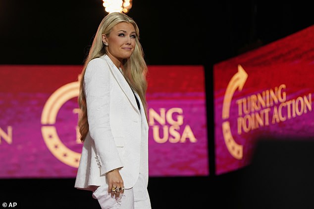 Erika Kirk walks off the stage after delivering a powerful farewell to her late husband