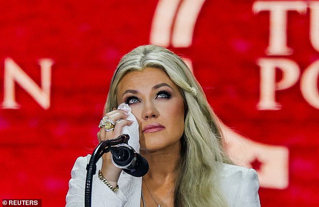 Mrs Kirk looked up to the heavens multiple times in homage to Charlie Kirk as she remembered their marriage
