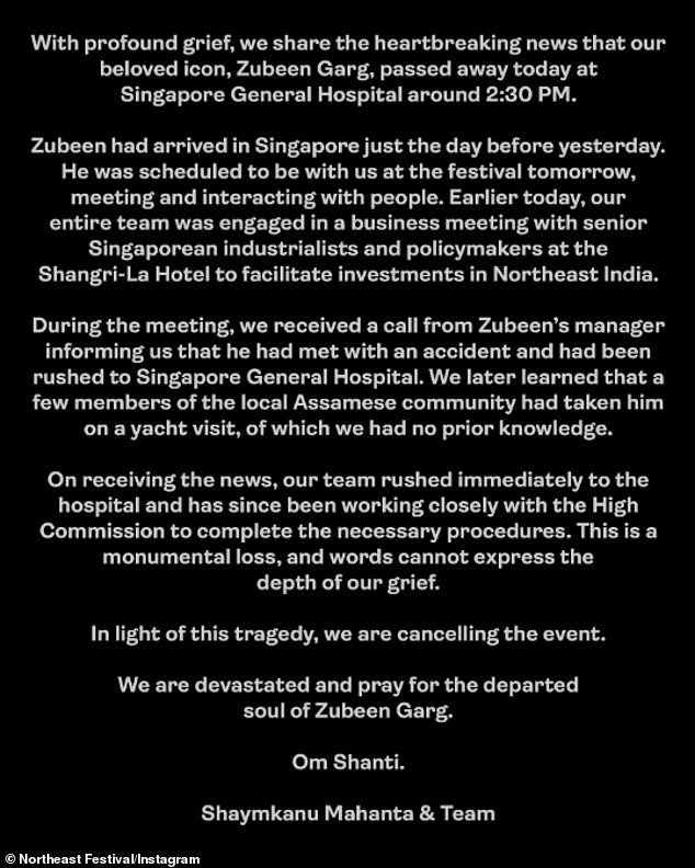 Mahanta noted in the statement: 'We later learned that a few members of the local Assamese community had taken him on a yacht visit, of which we had no prior knowledge...In light of this tragedy, we are cancelling the event'