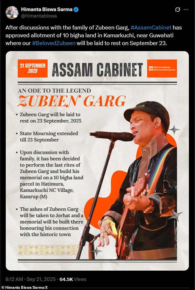 Sarma also revealed Zubeen will be laid to rest this Tuesday following the state mourning period, and a memorial will be built on a '10 bigha land parcel in Hatimura, Kamarkuchi NC Village'