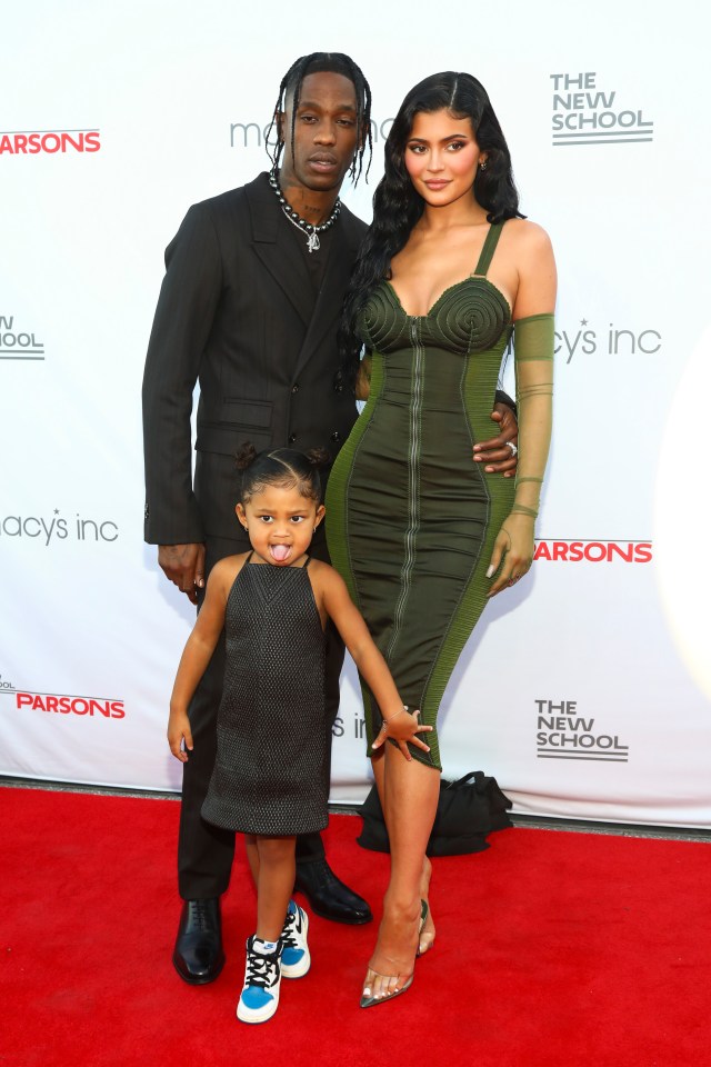 Recording artist Travis Scott, daughter Stormi Webster, and Kylie Jenner attend the 72nd annual Parsons Benefit.