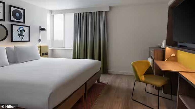 Pictured is a room inside the four-star Hampton by Hilton in Ealing. There are two asylum seekers per room