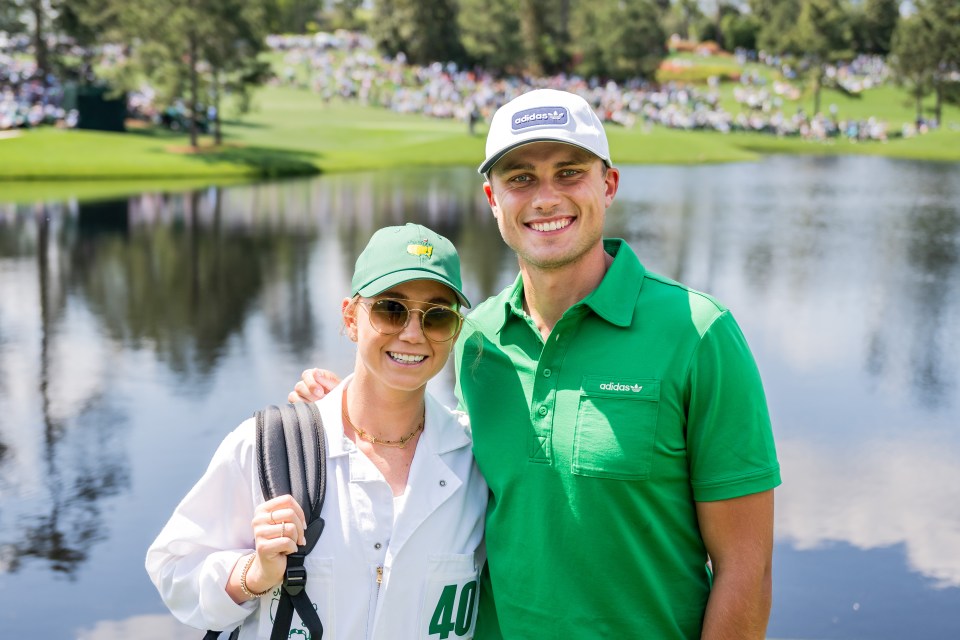 Ludvig Åberg of Sweden with his girlfriend Olivia Peet during the Masters Par Three Contest.