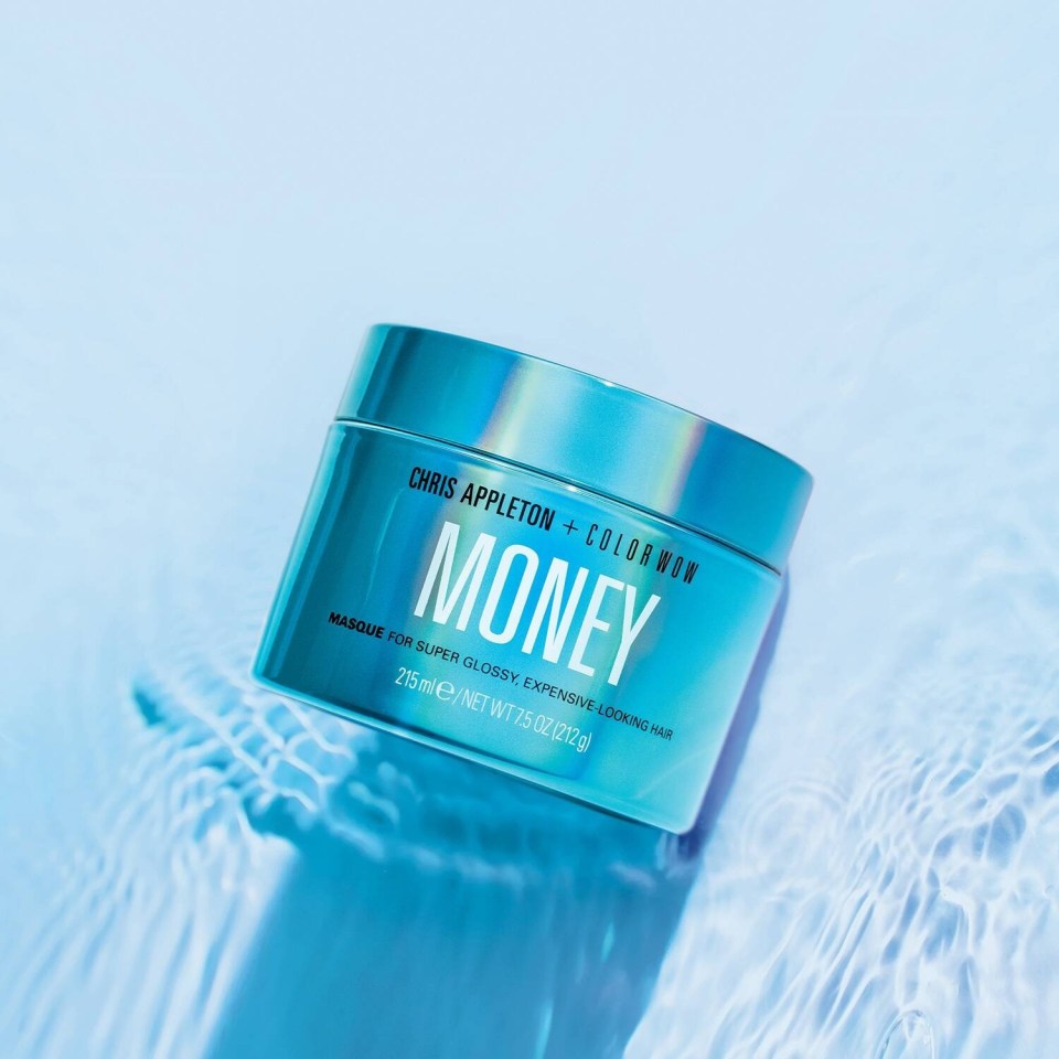 A turquoise container of "Chris Appleton + Color Wow Money Masque" for super glossy, expensive-looking hair, 215ml.